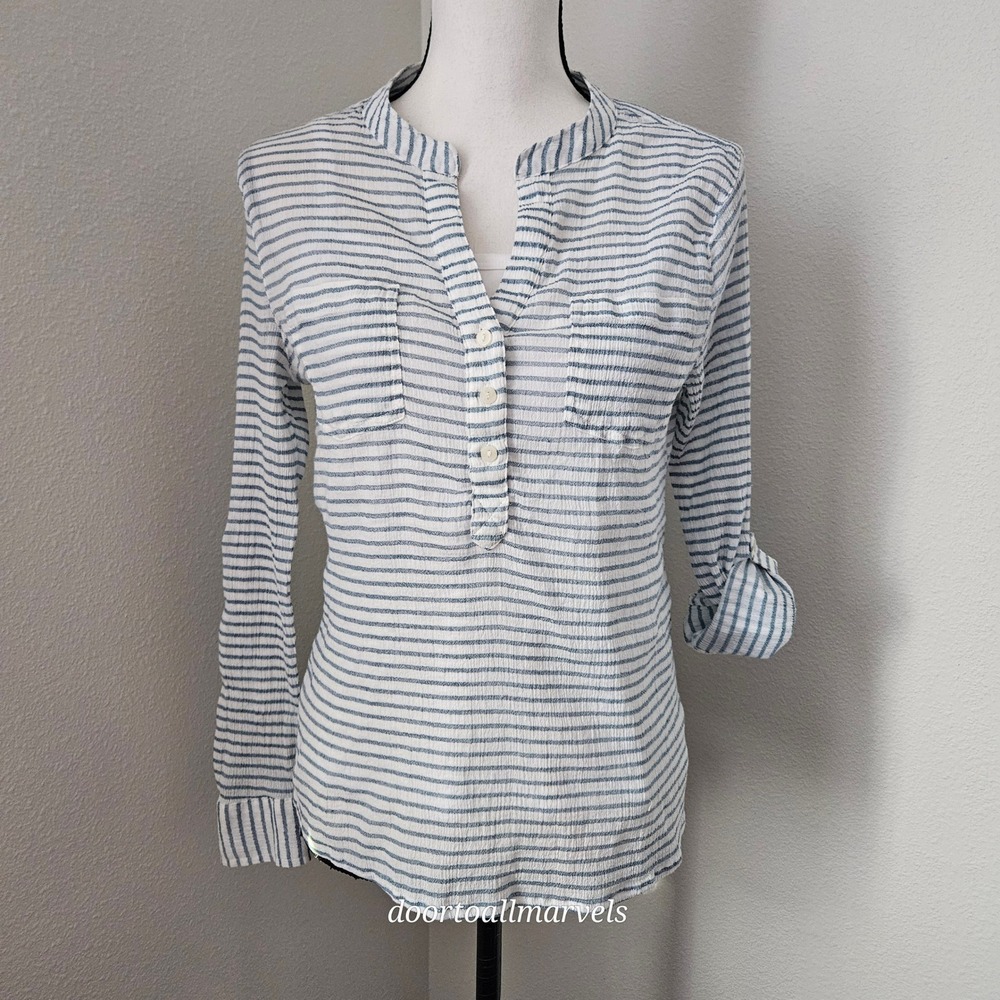 Carve Designs Dylan Gauze Popover Shirt Blue Stripes Organic Cotton sz S
